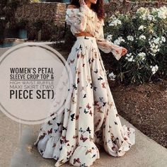 Spring Fitted Two-piece Sets, Spring Beige Ruffled Sets, Two-piece Set With Flowy Skirt For Summer, Fitted Bohemian Sets For Fall, Bohemian Style Fitted Sets For Fall, Fitted Beige Sets With Ruffles, Bohemian Party Sets For Spring, Spring Two-piece Maxi Length Set, Cream Fitted Ruffle Sets