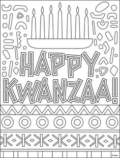 happy kwana coloring page with candles and other items in black and white, including the word