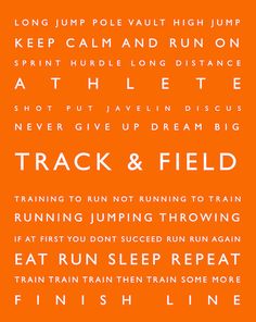 an orange and white poster with the words track and field written in different font styles