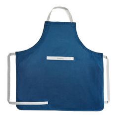 a blue apron with two white straps on the front and one has a name tag attached to it