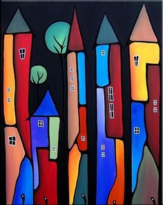 an abstract painting of colorful houses and trees