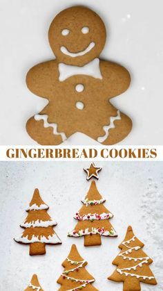 gingerbread cookies decorated with icing and sprinkles in the shape of christmas trees