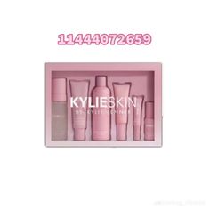 a pink box with five bottles in it and the words klylieskin on it