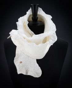 Silk & Wool Scarf - Undulating ruffles of iridescent silk dance along the edge of a hand-felted wool scarf. Elegant White Winter Scarf, Dark Fantasy Aesthetic, Silk Dance, Silk Dancing, Feminine Face, Coat Collar, Face Frame, Felted Scarf, Nuno Felt