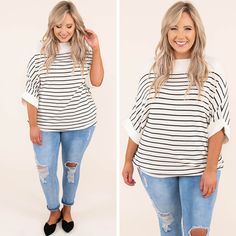 We mean it when we say we love this top! This top has a simple stripe pattern with colors that are perfect for the season! It's comfortable for all-day wear, has an oversized fit, and features the cutest pre-cuffed sleeves! Style this top with skinnies or shorts for an easy everyday look! 
Material has a fair amount of stretch. 
Kim is 5'6" and a size 12/14. She is wearing the 1X.
Measurements:
1X- Bust: 60" Length: 27"
2X- Bust: 61" Length: 28"
3X- Bust: 62" Length: 29"
80% Visco White Tops With Striped Cuffs For Fall, White Striped Cuffs Top For Fall, White Tops With Striped Hem For Fall, Oversized Top With Striped Hem, Oversized Tops With Striped Hem For Spring, Vertical Stripes Relaxed Fit Top For Day Out, Relaxed Fit Vertical Stripe Tops For Day Out, Relaxed Fit Vertical Stripes Top For Day Out, Spring Oversized Top With Striped Hem