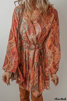 Olivia Mark - Flowy Paisley Print Mini Dress with Pleated Details and Belt Boho Inspo, Boho Paisley, Blue Zones, Orange Print, Spring Boho, Mini Robes, Dress Orange, Casual Wedding, Dressy Casual