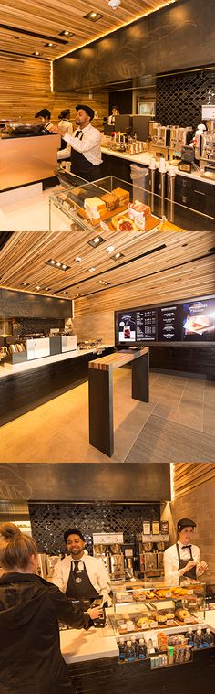 two pictures of people working in a fast food restaurant, and the same person is ordering