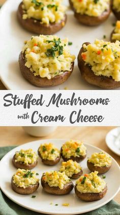 stuffed mushrooms with cream cheese on a white plate