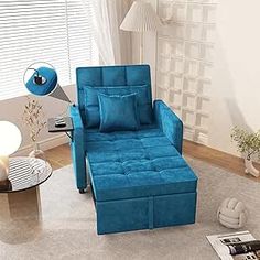 Vabches Sofa Bed Chair with Wing Table and USB Ports Outlet, 3-in-1 Sofa Chair Bed Couches with Two Pillows, Velvet Sleeper Chair with Adjustable Backrest, Easy Assembly, Blue Japanese Furniture, Bed Chair, Sleeper Chair, Chair Bed, Couch Bed, 3 In 1, Sofa Chair, Coop, Sofa Bed