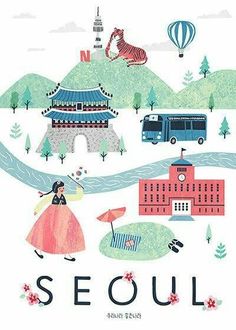 the cover of seoul magazine features an illustration of people and vehicles on a road