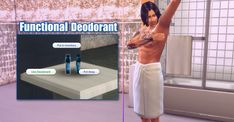 a man standing in front of a shower with his arms up and the words functional deodorant above him