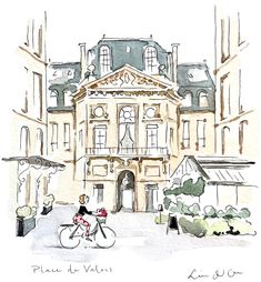 a watercolor painting of people riding bikes in front of a building