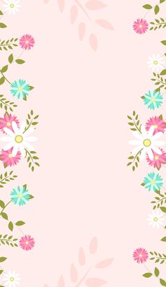 a pink background with white and blue flowers on the bottom right corner, and green leaves in the middle