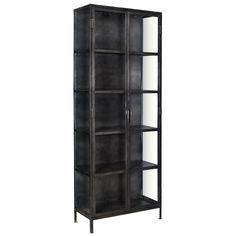 a black bookcase with three shelves on each side and one door open to the other