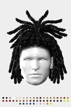 a white mannequin head with dreadlocks on it's head and multicolored circles around the face