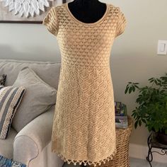 New With Tags! Gorgeous Sweater Dress For Fall. Dress Has An Attached Slip Inside. Gold Metalli Color! Fitted Knee-length Spring Crochet Dress, Fitted Knee-length Crochet Dress For Spring, Beige Fitted Crochet Dress Knee-length, Beige Fitted Knee-length Crochet Dress, Casual Beige Sheath Dress, Beige Short Sleeve Crochet Dress For Spring, Ponte Knit Dress, Fall Sweater Dress, Flutter Dress