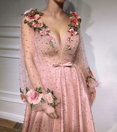 Rouge River Gown | Teuta Matoshi $1,090.00 Dresses With Flowers, Fancy Prom Dresses, Prom Dresses Long Sleeves, Puff Sleeve Gown, Dresses Long Sleeves, Special Occasion Gowns, Gorgeous Prom Dresses, V Neck Prom Dresses, 3d Rose