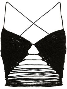 black cotton crochet knit halterneck cut-out detailing rear criss-cross straps internal logo tag cropped rear lace-up fastening 2 Tone Crochet Top, Crochet Push Up Top, Crochet Clothes Black, Single Color Crochet, Crochet Cutout Top, Black Crochet Outfit, Crochet Weird Stuff, Crochet Cut Out Top, Emo Crochet Patterns