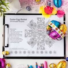 easter egg basket diy printable template with crayons and colored pencils