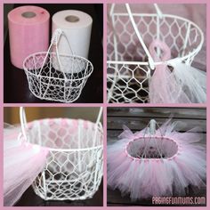 four pictures of pink and white baskets with tulle, toilet paper, and twine