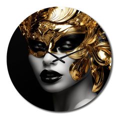 a clock with a woman's face painted in gold and black