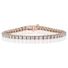 A classic tennis bracelet style showcasing a row of round brilliant diamonds, set in a polished 14k rose gold mounting. Diamonds weigh 4.01 carats total and are approximately GH color, SI1 clarity. Style is available in different price ranges. Prices are based on your selection of the 4C’s (Carat, Color, Clarity, Cut). Don't hesitate to get in touch with us for more information. Rose Gold Diamond Tennis Bracelet With Prong Setting, Rose Gold Diamond Tennis Bracelet Brilliant Cut, Rose Gold Tennis Bracelet With Diamond Accents, Rose Gold Brilliant Cut Diamond Bracelet For Anniversary, Formal Rose Gold Diamond Tennis Bracelet, Timeless Rose Gold Tennis Bracelet With Diamond Accents, Rose Gold Diamond Tennis Bracelet With Round Cut, Classic Tennis Bracelet With Pave Setting, Rose Gold Diamond Round Cut Tennis Bracelet