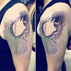 two pictures of a woman's arm with half - sleeved tattoos on it