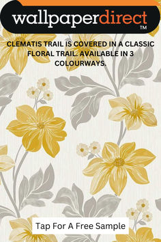 the wallpaper direct app is shown in yellow and gray flowers on a white background