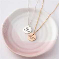 "♥SMALL HANDWRITING DISC NECKLACE♥ Personalize this delicate necklace with your loved one's actual handwriting to keep him/her always by your side. Available in sterling silver, 18k gold and rose gold - plated. It will be a memorial gift that would bring tears to anyone's eyes * Material: Solid 925 Sterling Silver * Finishing: Silver - Yellow Gold - Rose Gold * Dimensions: Pendant measures approx. 1/2\" * Word limits: 1-2 words * Necklace length: You can choose up to 24 inches (includes pendant' Personalized Wedding Necklaces For Christmas, Personalized Gift Round Pendant Necklace, Hallmark Necklace For Christmas And Anniversary, Quality Assured Necklace For Christmas Anniversary, Rose Gold Necklace For Christmas Anniversary, Rose Gold Necklace For Anniversary And Christmas, Personalized Wedding Jewelry For Christmas, Rose Gold Necklace For Christmas Personalized Gift, Personalized Rose Gold Necklace For Christmas