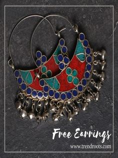 Featuring gorgeous lightweight ethnic german silver chandbali hoop earrings. Beautiful blue base with green and red enamel work gives a traditional touch to the earrings. Silver beads dangle to create a striking look. Perfect for ethnic & traditional wear. You just pay $4.99 to cover charges for shipping. Select any ONE color from - Red, Green and Blue earrings. Don't forget to share this deal with your friends and family. Care: Please ensure that the jewelry is stored separately in the zip Festive Multicolor Earrings, Silver Meenakari Hoop Earrings For Festivals, Handmade Metal Chandbali Earrings, Traditional Multicolor Festive Hoop Earrings, Multicolor Temple Jewelry Earrings For Festival, Red Metal Chandbali Jewelry, Bohemian Meenakari Chandbalis Drop Earrings, Traditional Multicolor Chandbali Hoop Earrings, Bohemian Chandbalis With Meenakari In Drop Shape