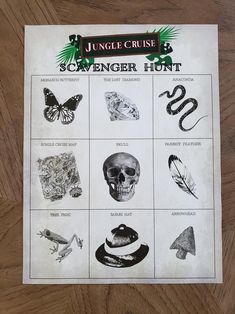 the jungle cruise scavenger hunt poster is displayed on a wooden table with other items