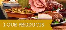 an assortment of meats and vegetables on a table with the words our products above it