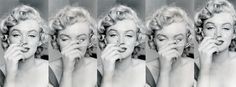 four different images of marilyn monroe with her hands to her face and mouth, in black and white