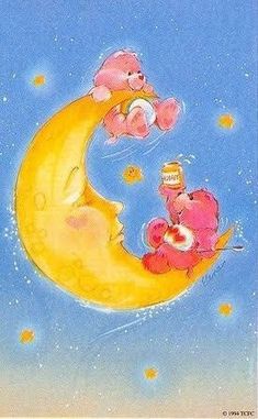 two teddy bears are sitting on the crescent moon with stars in the sky behind them