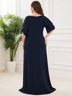 Trendy Round Neck Long Bodycon Evening Dress with Sleeves #color_Navy Blue Elegant Half Sleeve Maxi Dress, Solid Color Half Sleeve Evening Dress, Evening Dress With Half Sleeves, Elegant Half Sleeve Bridesmaid Dress, Simple Maxi, Bodycon Evening Dress, Plus Size Bodycon, Ever Pretty, Evening Dress Floor Length