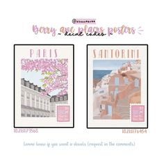 two postcards with pink flowers on them and the words paris next to each other