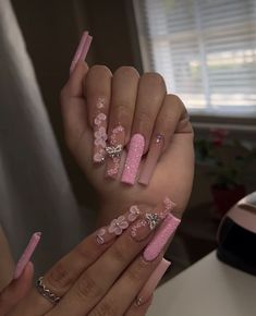 Pink Acrylic Nails Designs Birthday, February Bday Nails, Baddie Budget Binder, Long Acrylic Nails Birthday Set Pink, Acrylic Nail Designs Coffin Birthday, Pink Nail Designs Prom, Pink Acrylic Nails Prom, Light Pink Freestyle Nails, Long Square Acrylic Nails Designs Pink