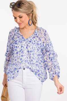 Floaty Blouse, Blue Floral :: NEW ARRIVALS :: The Blue Door Boutique Breezy Blue Spring Tops, Blue Breezy Tops For Spring, Breezy Blue Tops For Spring, Spring Breezy Tops With Floral Print, Spring V-neck Swiss Dot Top, Spring Daywear Flowy Blouse, White Breezy Blouse For Spring, Breezy White Blouse For Spring, Casual Swiss Dot Blouse For Spring