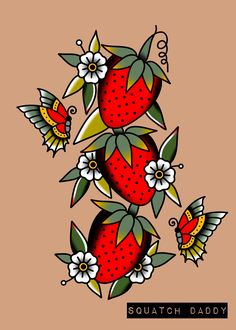 a drawing of strawberries and flowers on a brown background with the words squath daddy