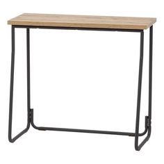 a small wooden table with metal legs