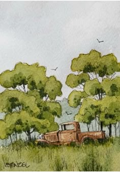 an old truck sitting in the middle of a field with trees around it and birds flying overhead