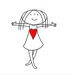 a drawing of a girl with her arms outstretched and a heart in the air above her head