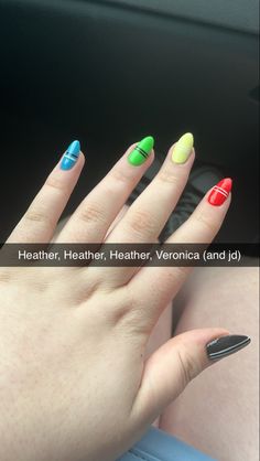 a woman's hand with multicolored nail polish on it and the words health, healther, healther, veronicana and j d