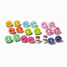 Glitter Rainbow Donut Stud Earrings - 9 Pack | Claire's US Claires Earrings, Rainbow Donut, Donut Earrings, Colorful Stud Earrings, Glitter Rainbow, White Icing, Fashionable Jewelry, Earrings Stud, Jewelry And Accessories