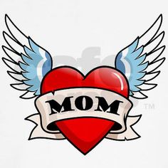 a heart with wings and the word mom on it's ribbon in front of a white background