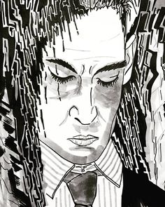 a black and white drawing of a man with his eyes closed, wearing a tie