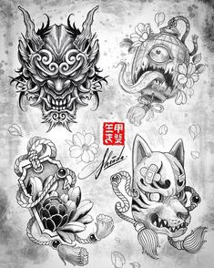 Oni Tattoo, Foo Dog Tattoo, Japanese Flower Tattoo, Japan Tattoo Design, Japanese Dragon Tattoos, Flash Sheet, Traditional Japanese Tattoos, Asian Tattoos, Japanese Sleeve Tattoos