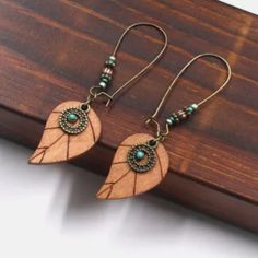 Drop Hoop Birch Wood Leaf With Turquoise Bead Dangle Earrings Hypoallergenic Hooks 3" New Birch Jewelry, Wood Leaf, Earrings Hypoallergenic, Wood Jewelry, Beaded Dangle Earrings, Beaded Dangles, Turquoise Beads, Birch Wood, Blue Brown