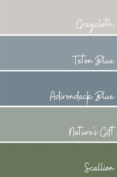 four shades of gray, blue, and green with the names of each color on them