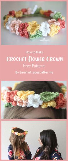 crochet flower crown pattern with instructions to make it in two different colors and sizes